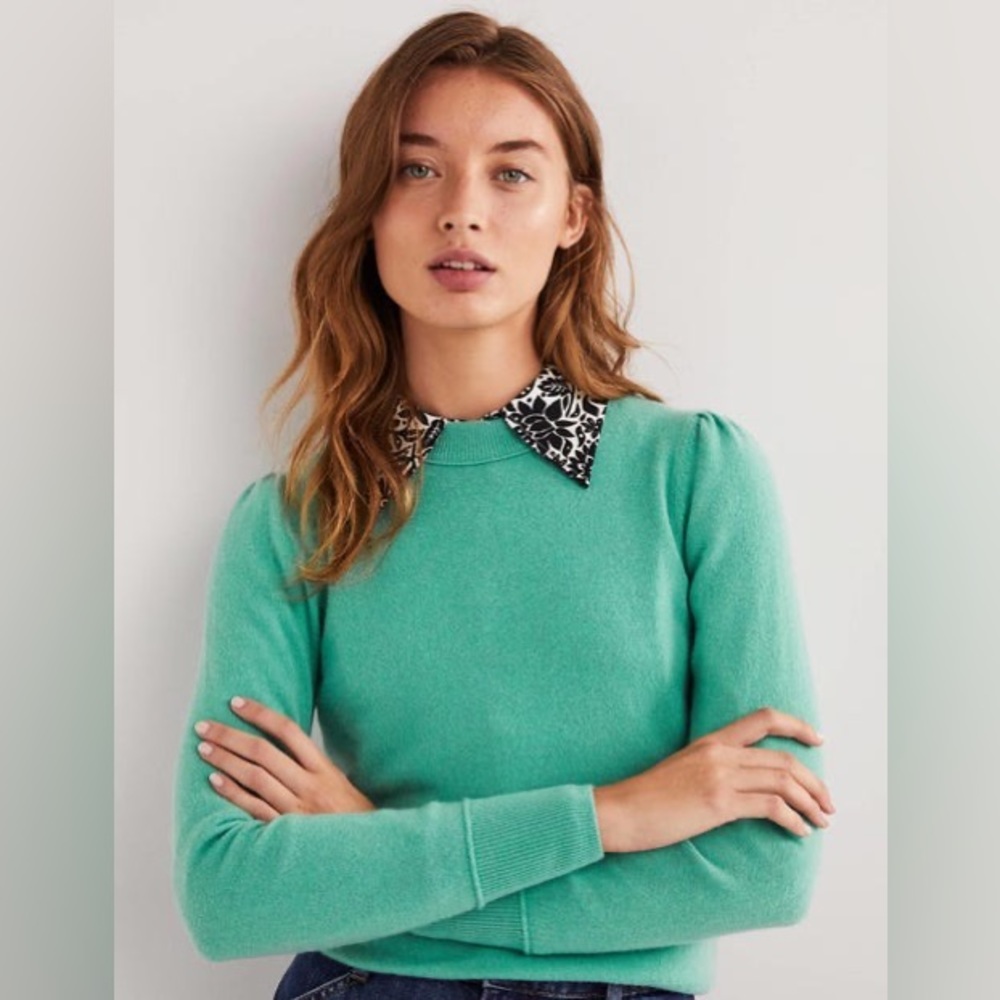 NWT Boden Cashmere Puff Shoulder Sweater in Indian Ocean Melange